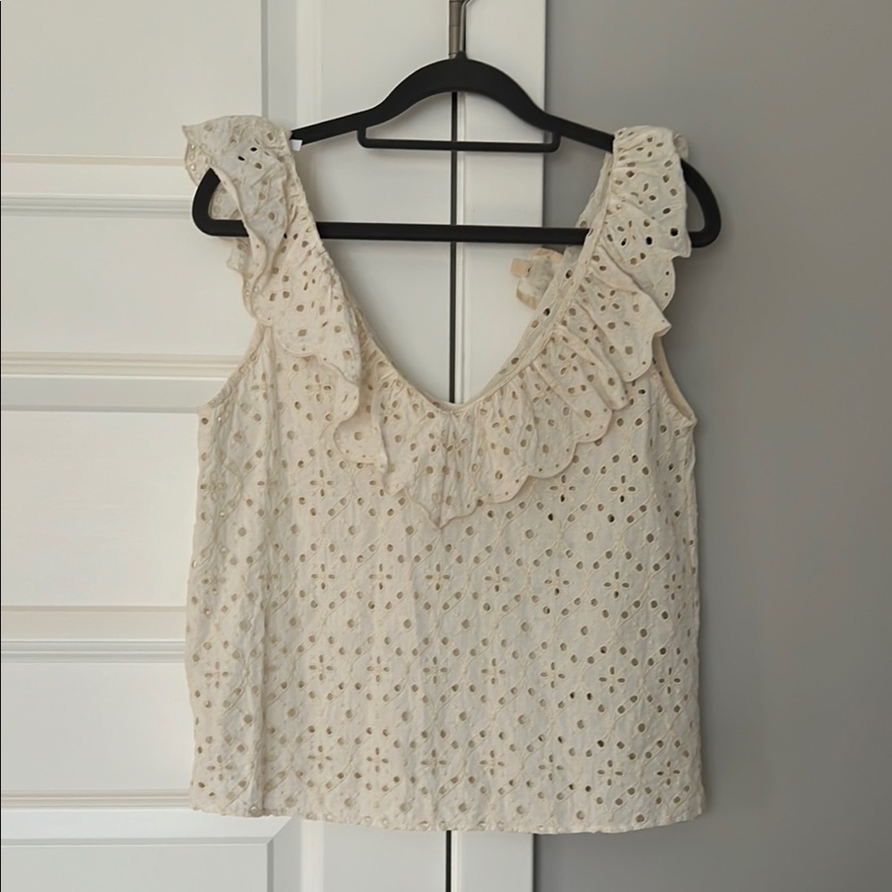 Sezane Ecru Eyelet Ruffle Top Organic Cotton S
